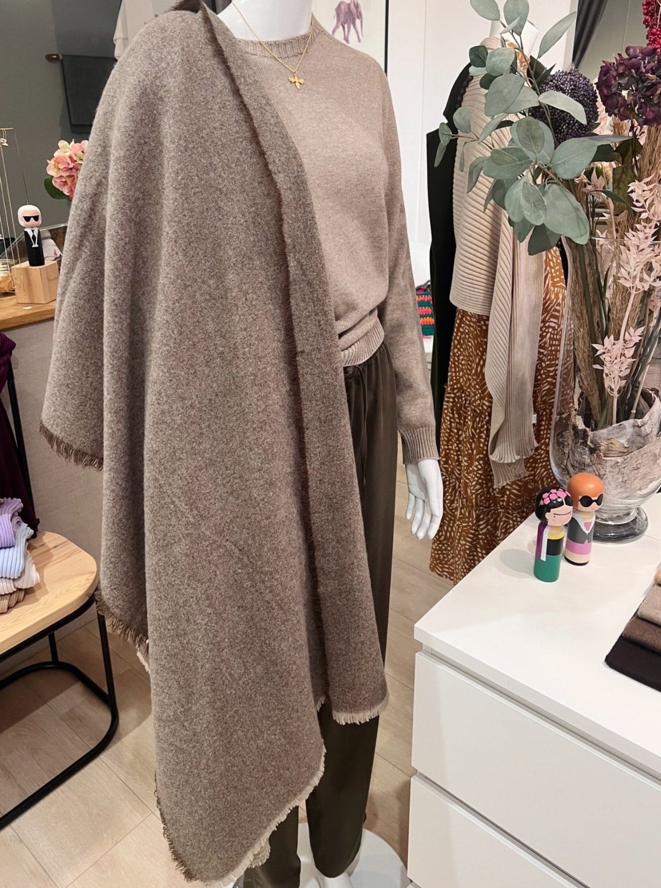 Kaschmir Wollschal mit Fransen - Braun