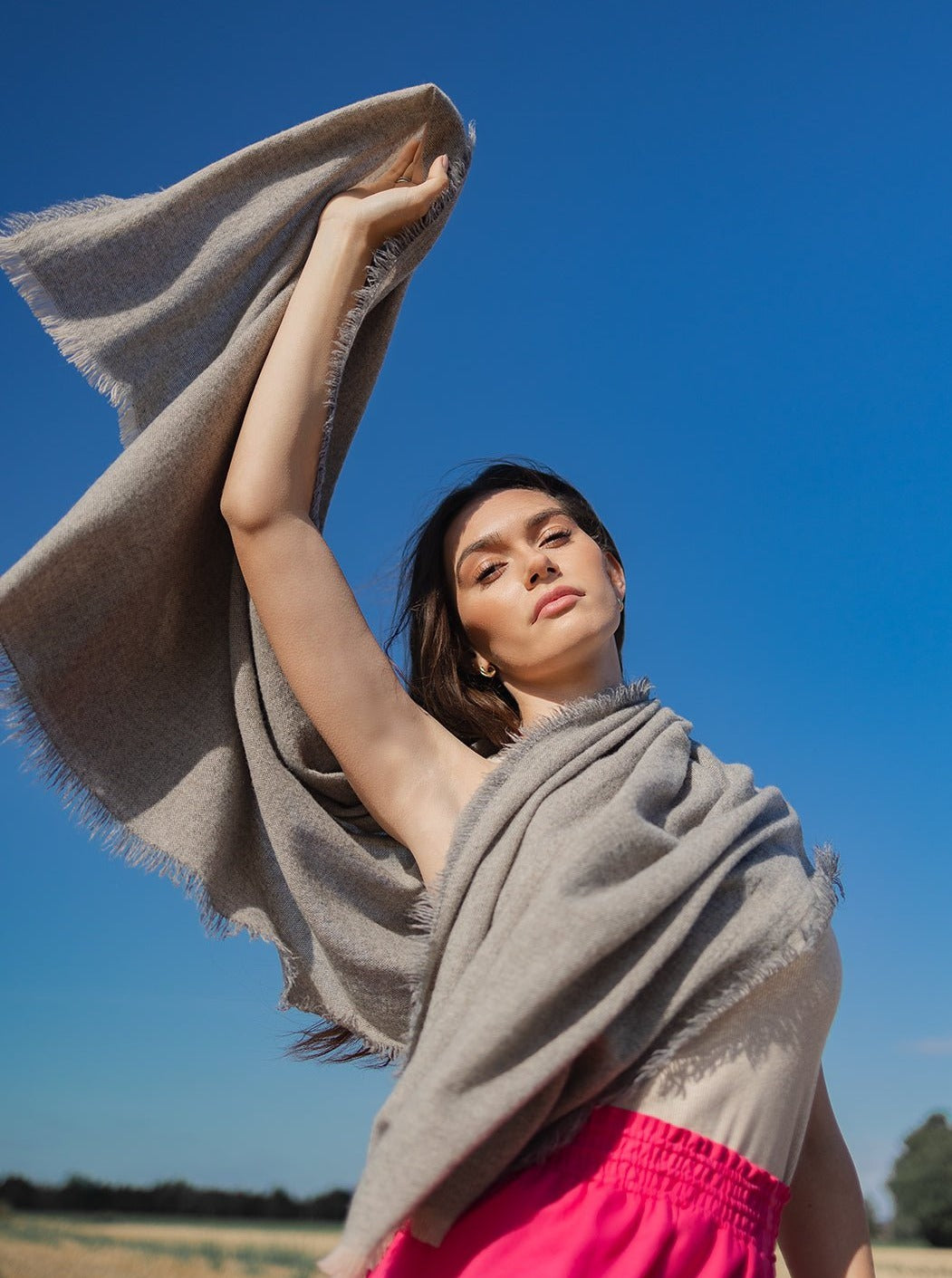 Kaschmir Wollschal mit Fransen - Grau Beige - Front