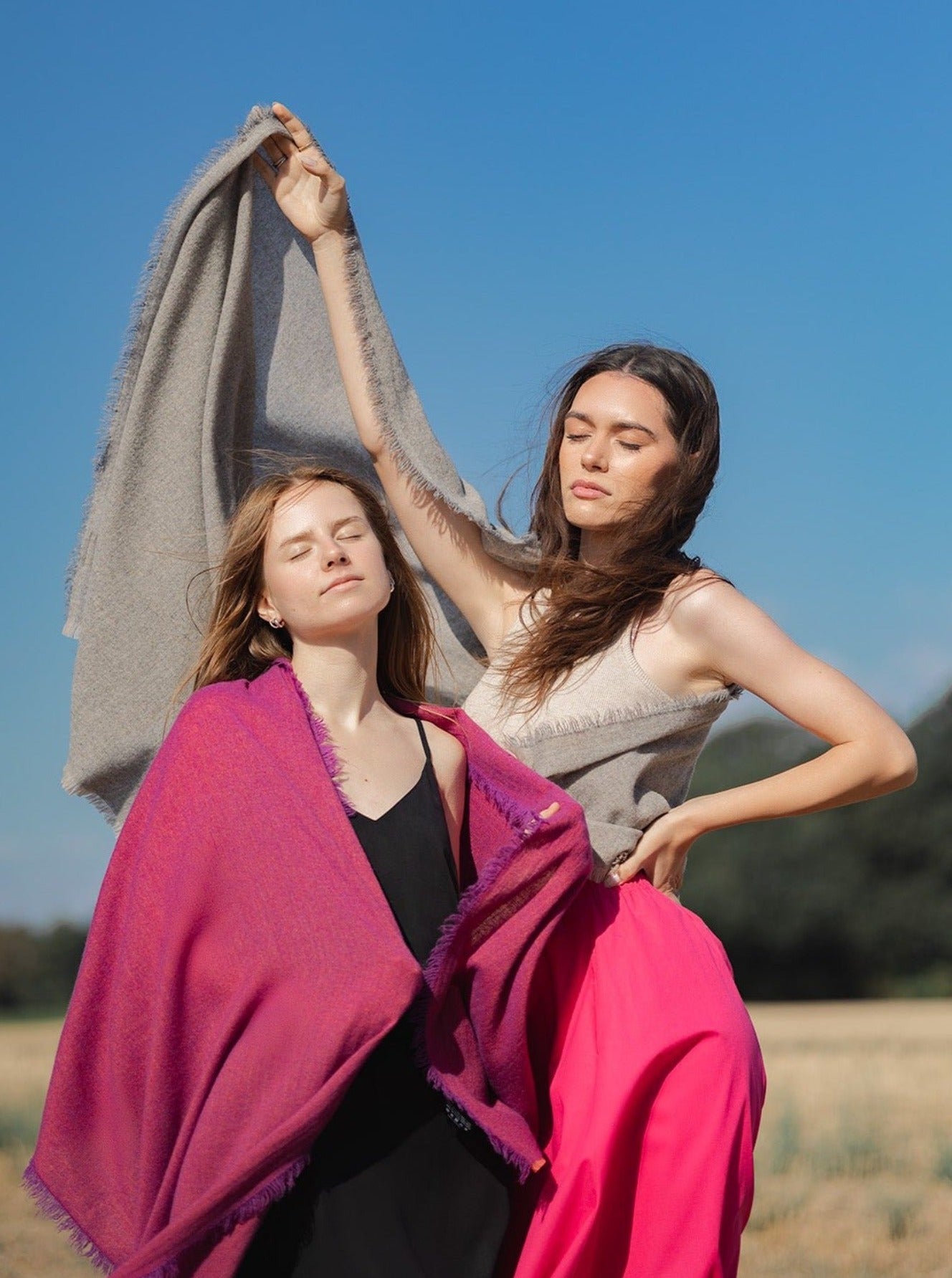 Kaschmir Wollschal mit Fransen - Grau Beige and Rosa