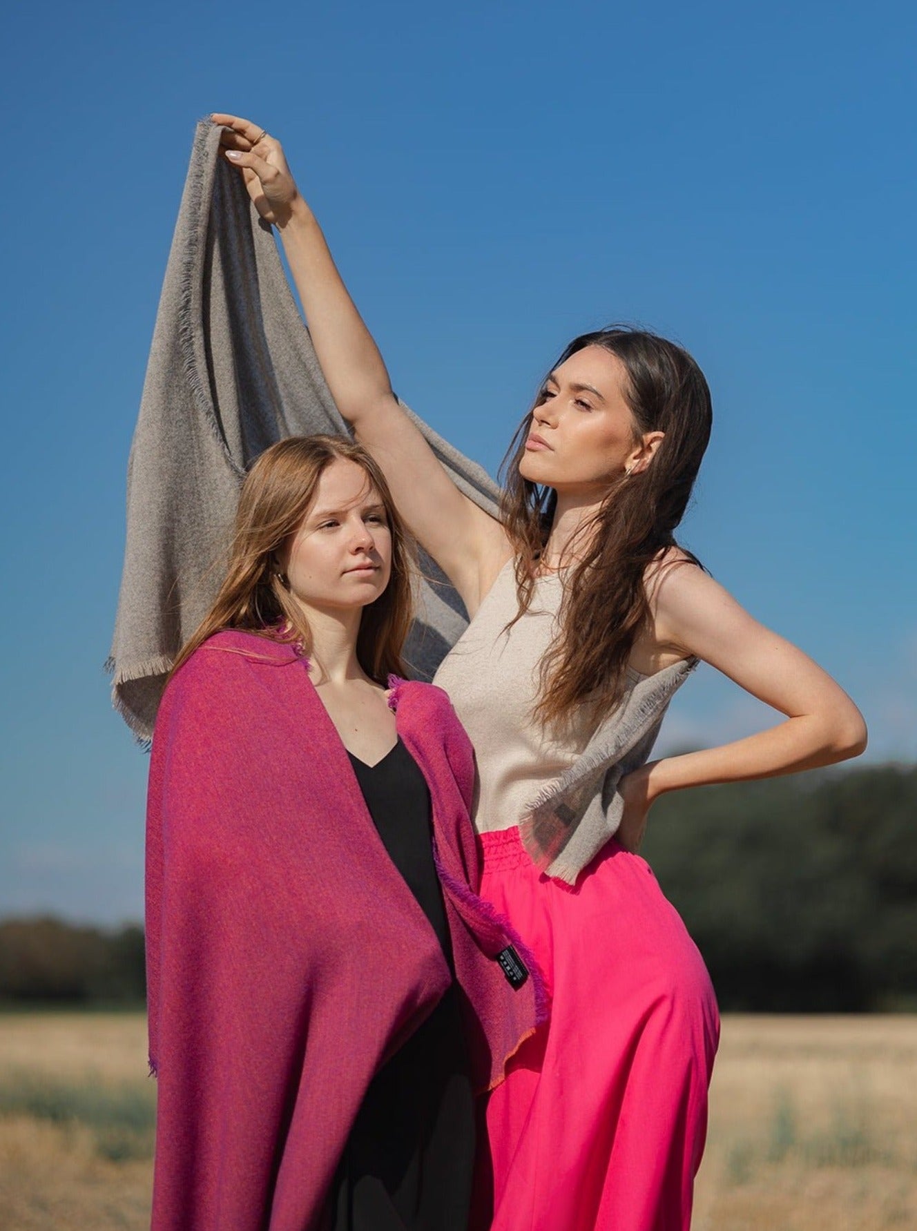 Kaschmir Wollschal mit Fransen - Grau Beige and Rosa