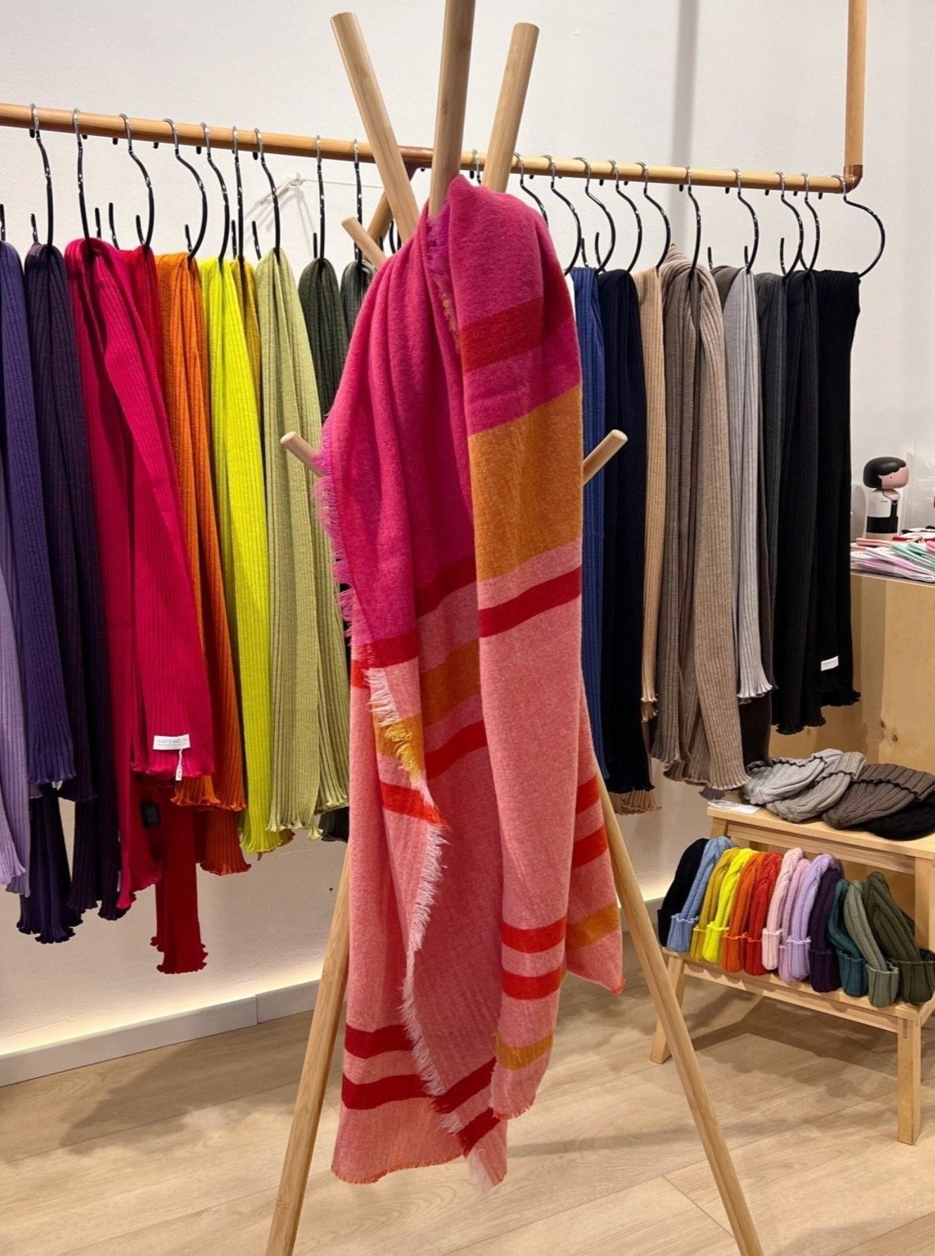Kaschmir Wollschal mit Streifen - Orange Pink Senf - Front