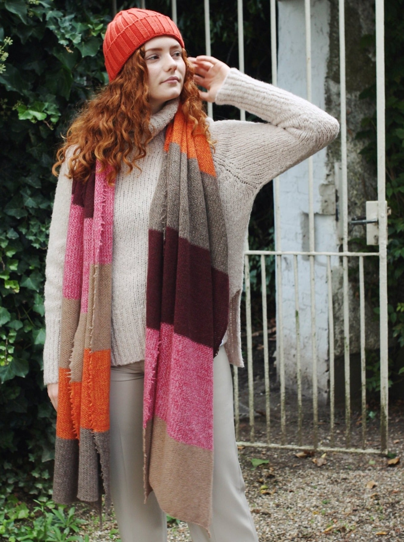 Kaschmirschal XL gestreift - Bordeaux/Beige/Rosa/Grau-Beige - Front