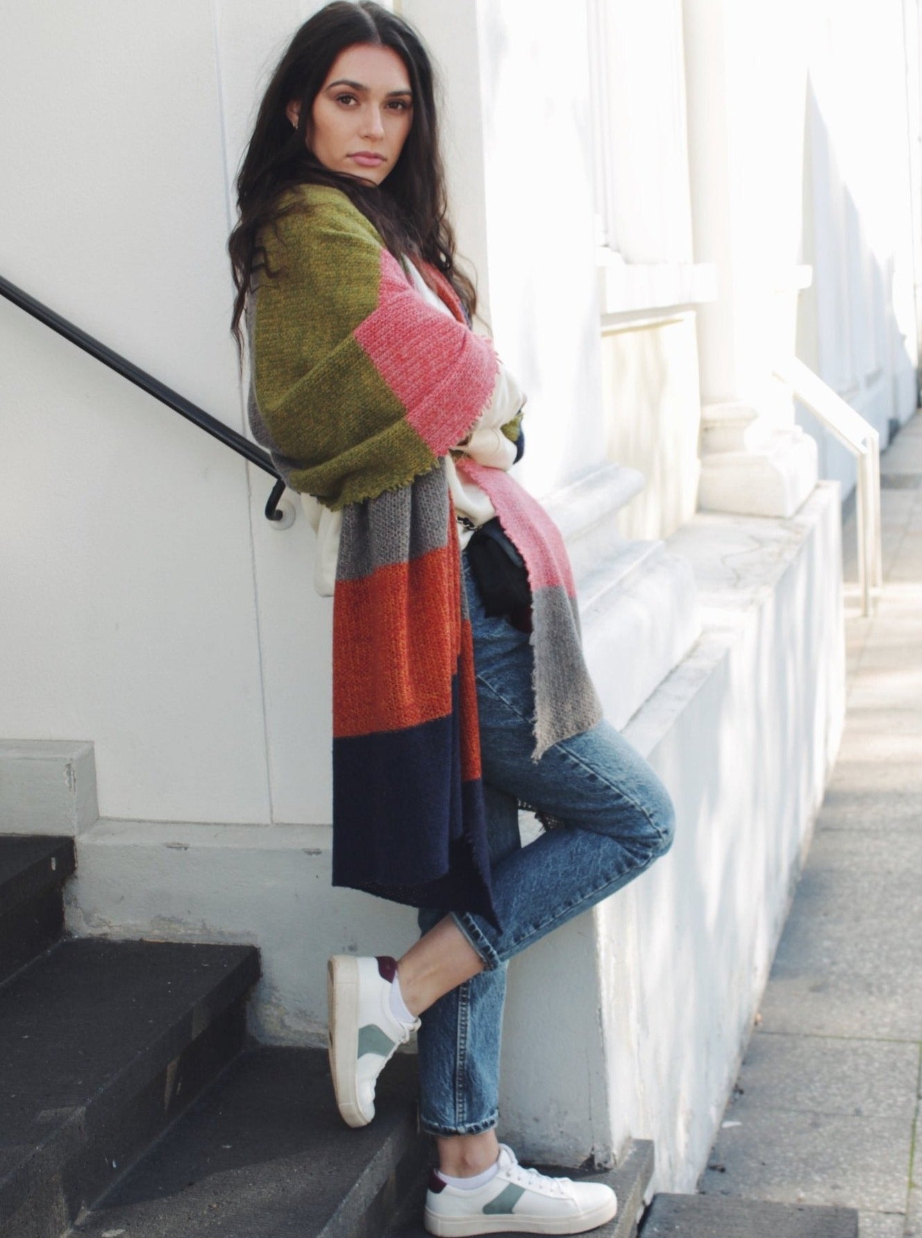 Kaschmirschal XL gestreift - Grün/Orange/Dunkelblau/Grau/Rosa - Seite