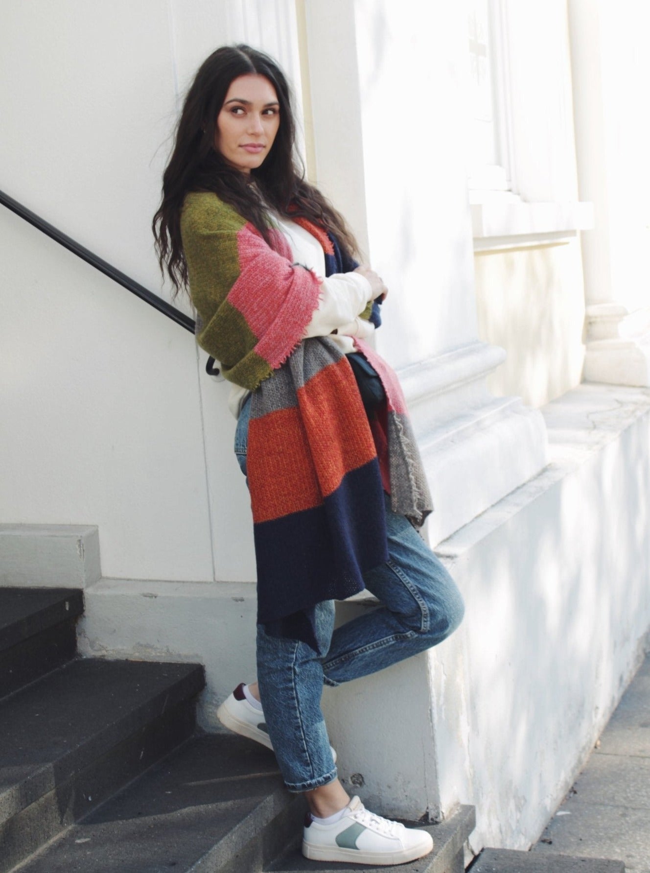 Kaschmirschal XL gestreift - Grün/Orange/Dunkelblau/Grau/Rosa - Seite