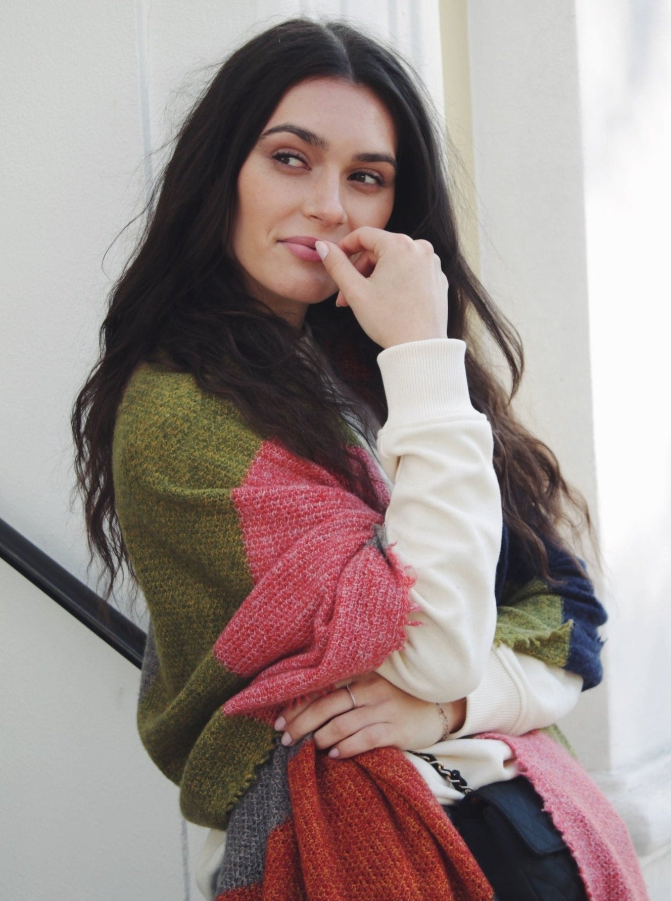 Kaschmirschal XL gestreift - Grün/Orange/Dunkelblau/Grau/Rosa - Nahaufnahme