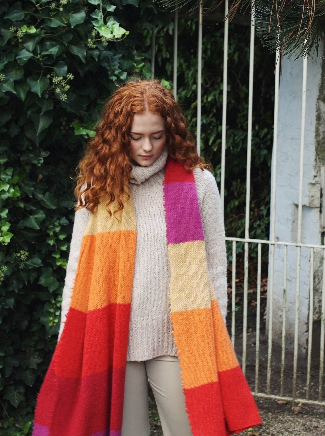 Kaschmirschal XL gestreift - Orange/Rot/Kirschrot/Gelb/Violett