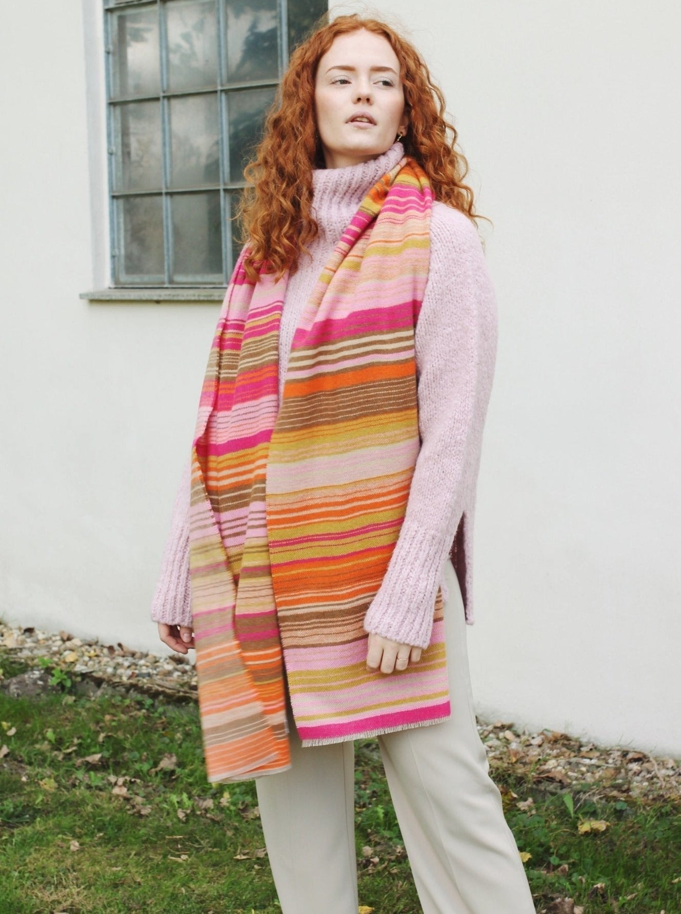 Wollschal mit Streifen - Orange Pink - Front