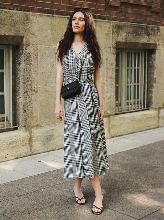 Karokleid mit Gürtel - Weiß/Schwarz - Front